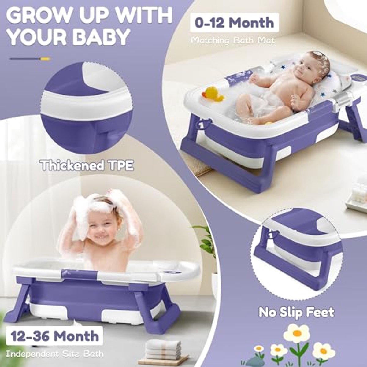 Opvouwbare babybadkuip met kussen en thermometer, Salviablue thumbnail 5