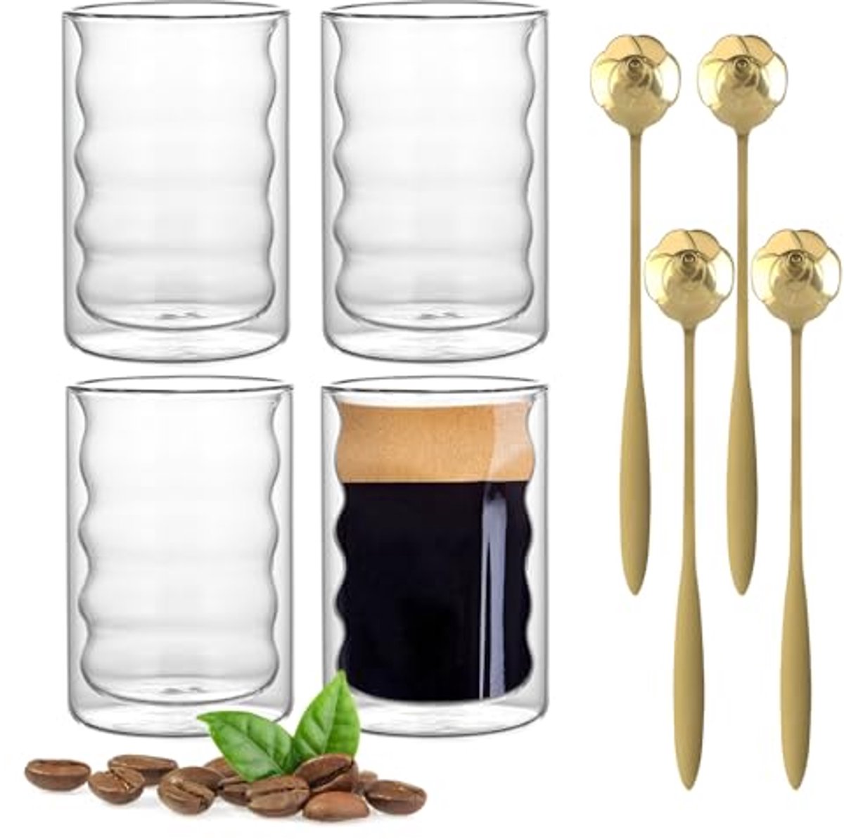 Set van 4 dubbelwandige latte macchiato glazen van 350 ml met rozenlepels