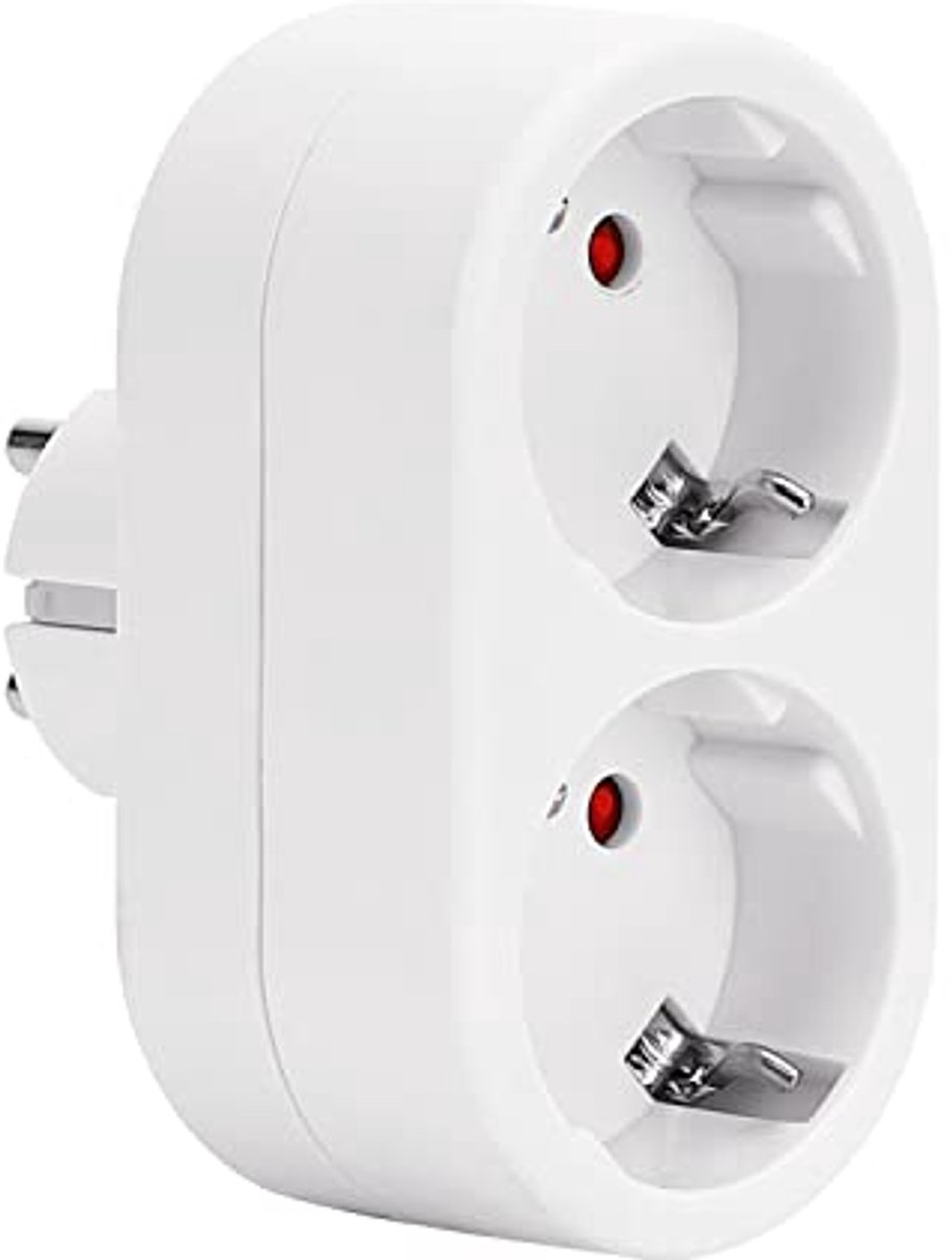 2 Socket Adapter met Kindbescherming - Dubbele Plug, 16A, 250V, Witte Stekker
