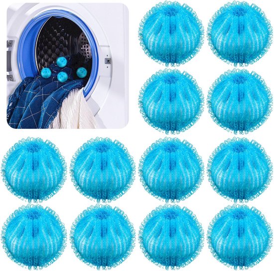 Lot de 12 boules de lavage réutilisables - 5 cm de diamètre - Éliminent les poils et les taches - Attrape-poils d'animaux pour machine à laver/linge - Enlève les poils de chat et de chien des vêtements - Blauw