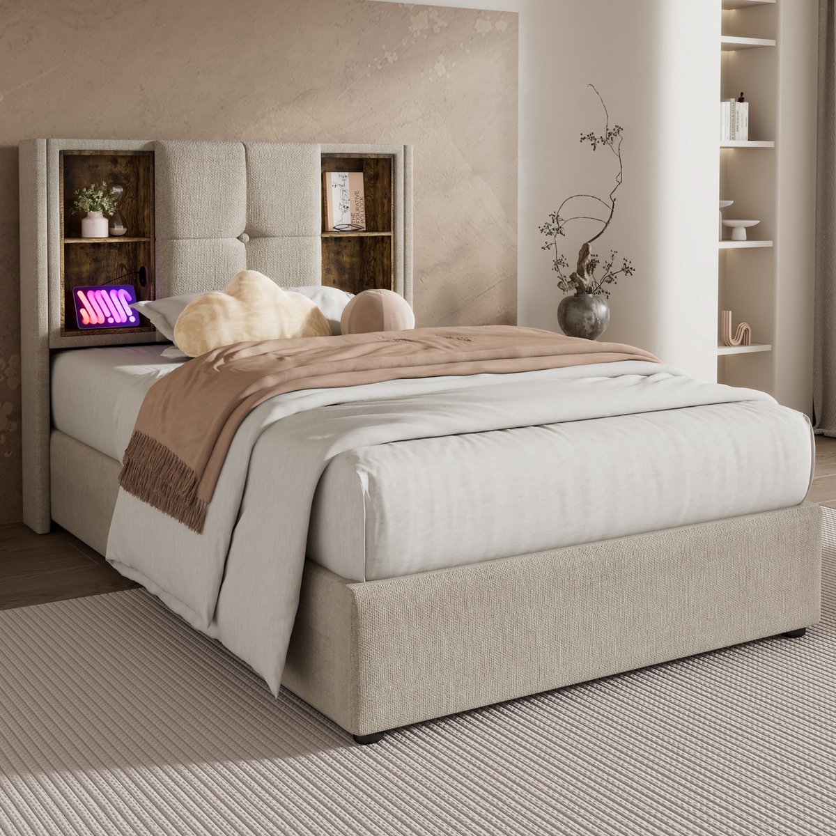 Singularity Eenpersoonsbed met draadloos opladen USB C- gestoffeerd bedframe 90x200cm- bedframe met opbergruimte lattenbodem- linnengoed met matras Natuurlijk