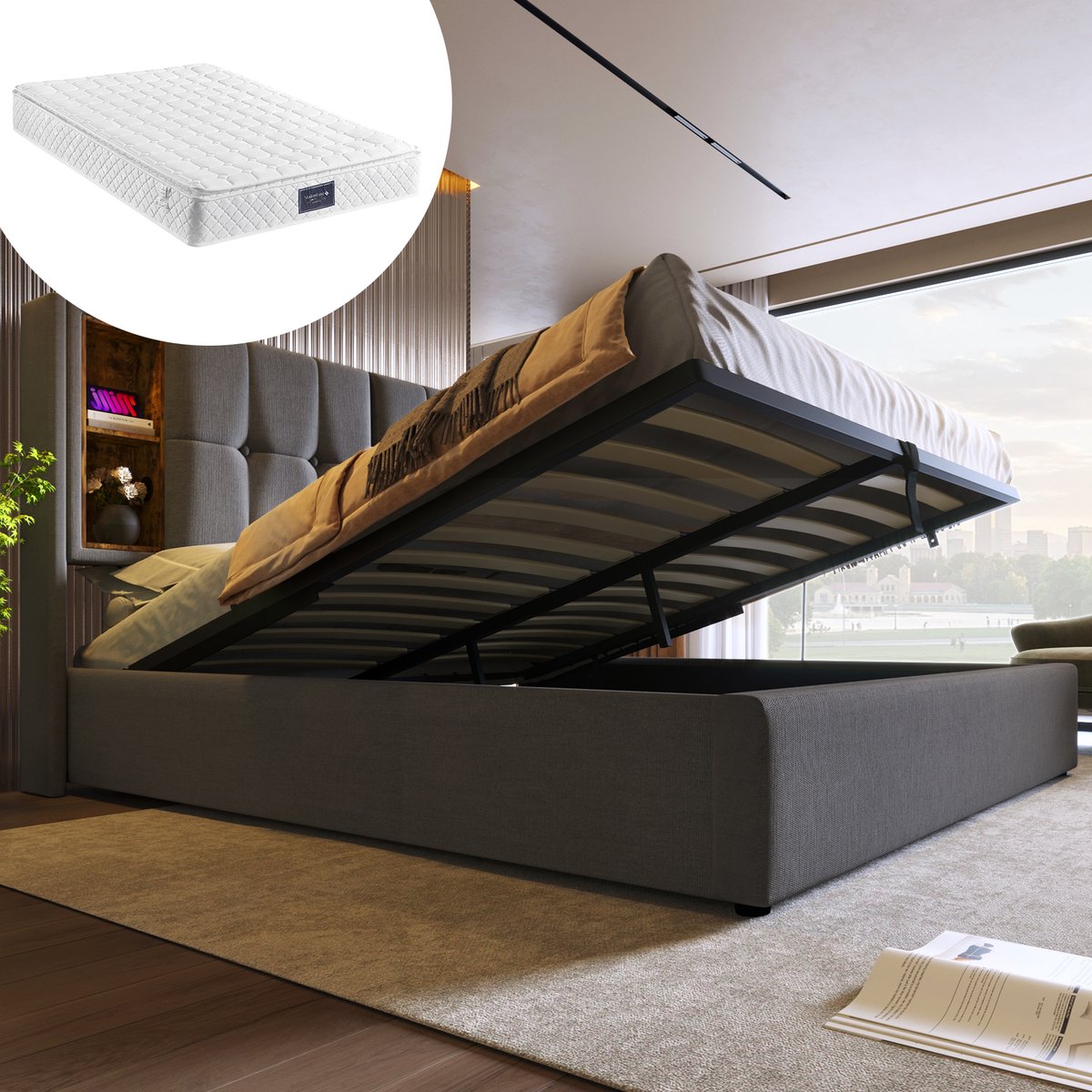 SINGULARITY-Tweepersoonsbed met draadloos opladen USB C- gestoffeerd bedframe 160x200cm- bedframe met opbergruimte lattenbodem grijs met matras