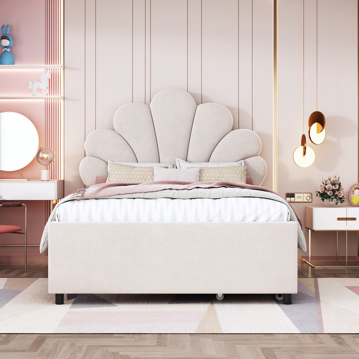 Singularity Gestoffeerd kinderbed 90 x 200 cm- bedframe met bloemenhoofdbord en lattenbodem- met 2 opbergvakken- beige- zonder matras