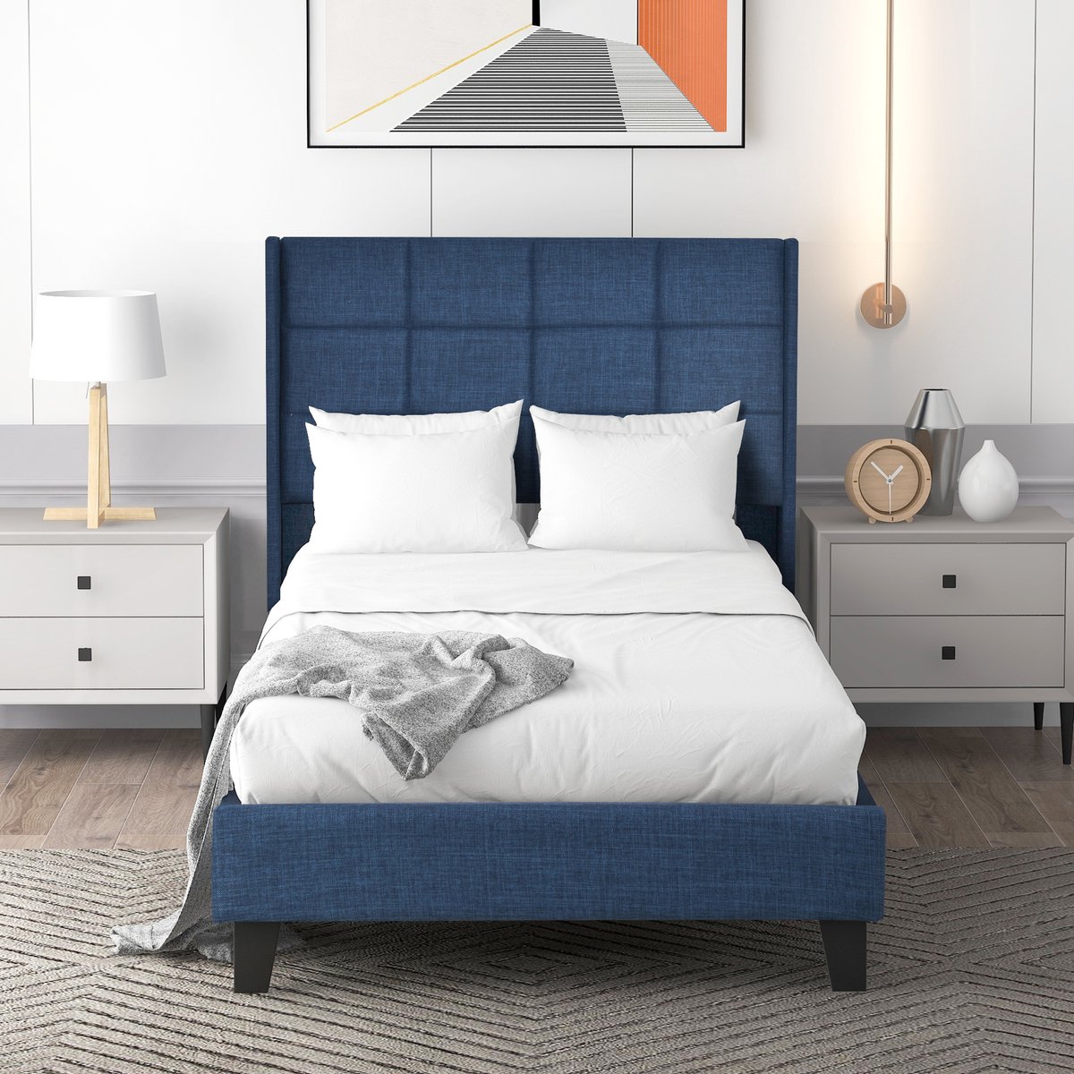 Singularity Gestoffeerd bed met gestoffeerd hoofdeinde Eenpersoonsbed met lattenbodem- 90x200cm- in blauw linnen- medium stevig Met springverenmatras