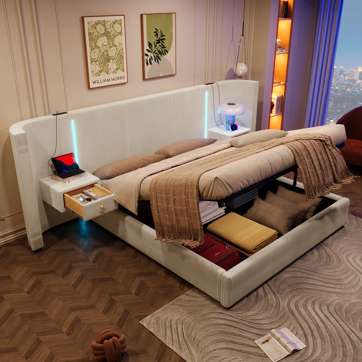 SINGULARITY-Gestoffeerd bed- 180x200cm- met LED-strip- hydraulische opbergruimte- 2 lades- zonder matras- USB + TYPE-C- fluweel- beige