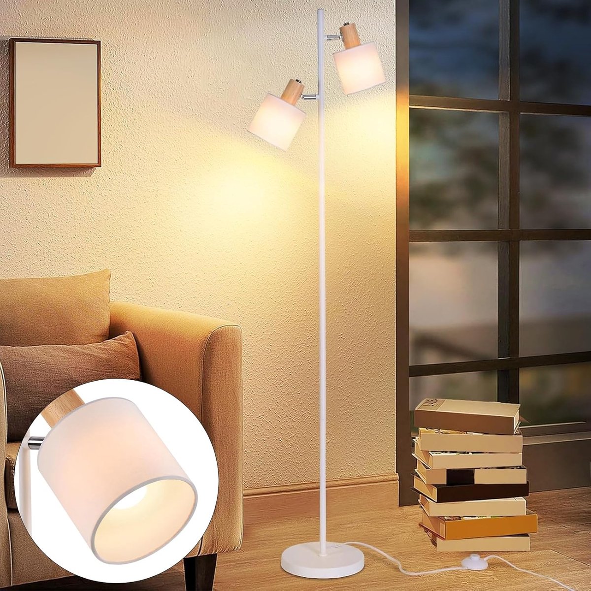Glitzerlife Vintage - Vloerlamp - 2-lichts Draaibaar E14 Fitting - Wit Hout Stof - Met Voetschakelaar - Exclusief Lichtbron - voor Woonkamer Slaapkamer Kantoor Leeslamp