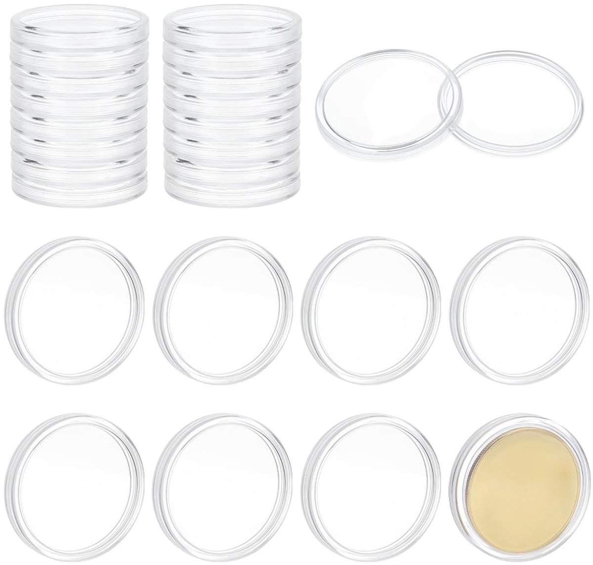 24 stuks ronde en platte etui van acryl, transparant, opbergdoos voor herdenkingsmunten, portemonnee, zilver, voor munten 45 mm en medaillons, opbergdoos