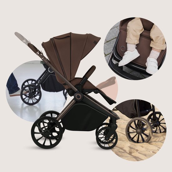 Bruine kinderwagen op verschillende ondergronden: binnen, kind in wagen, strand.