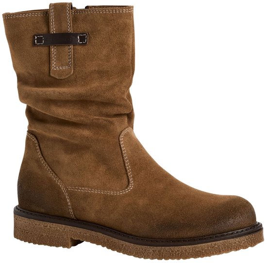 Bruine suède Tamaris laars met rimpels en gesp detail.