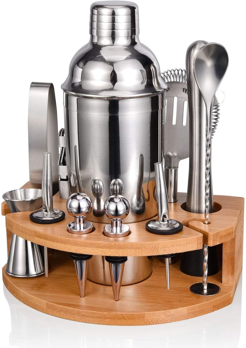 TOVBMUP 12 Stuks Cocktailset - Barkeeper Kit - 750ml Shaker - Complete Professionele Bar Set met Bamboe Onderstel - Geschikt voor Mannen, Vrouwen en Vrienden - Roestvrijstaal en Bamboe -Vaatwasmachinebestendige Accessoires