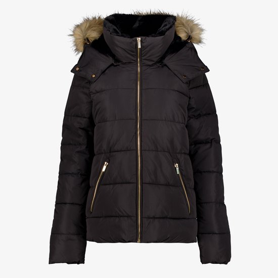 Manteau d'hiver court matelassé pour femme TwoDay noir - Taille M - Avec capuche - Fermeture éclair