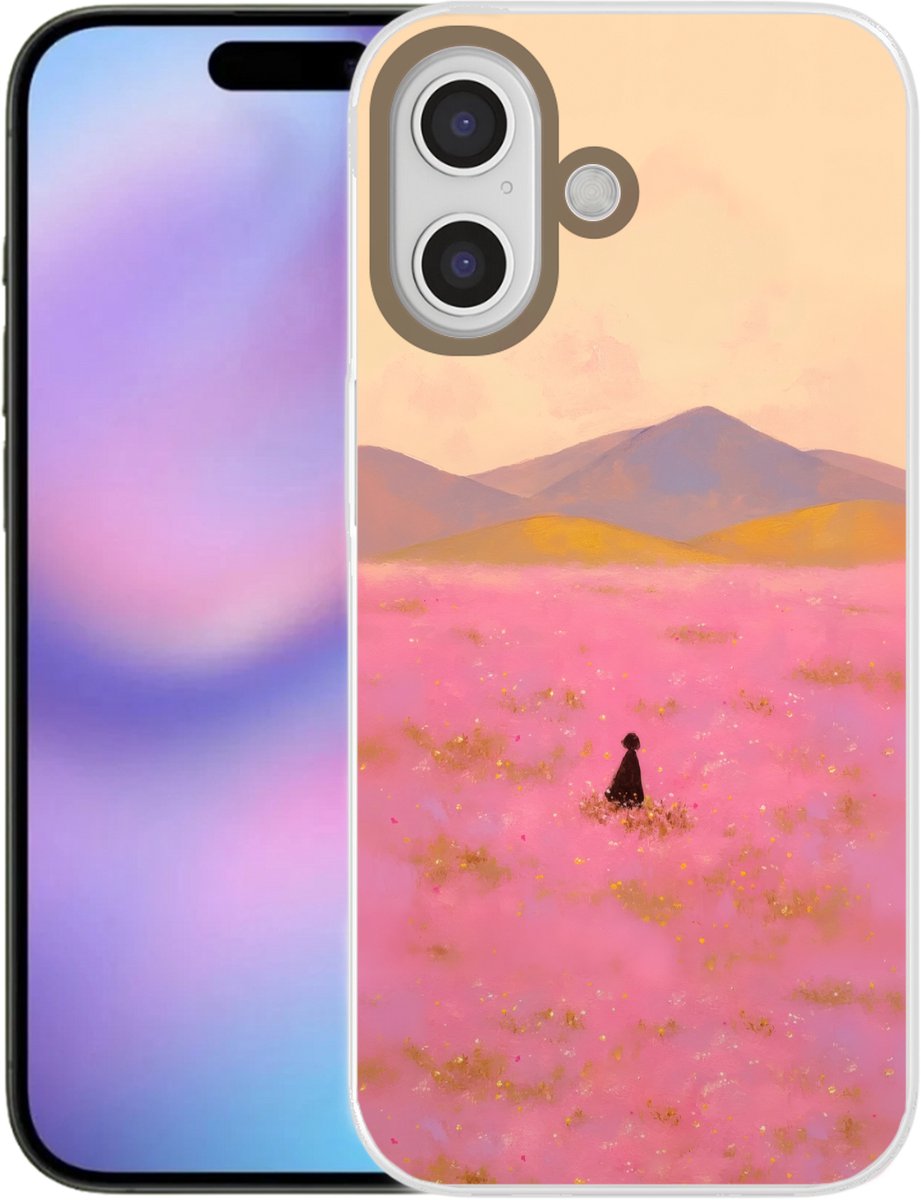 Telefoonhoesje Geschikt voor iPhone 17 hoesje - Bloemenweide - Heuvels - Silhouet - Roze - Siliconen Telefoonhoesje Telefoonhoesje