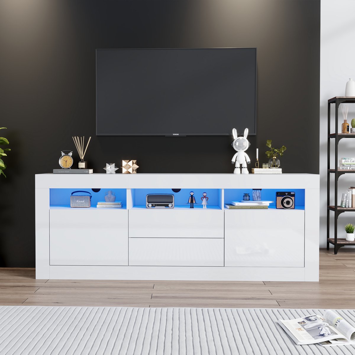160x35x60cm hoogglans TV-meubel - met LED-verlichting - drie open schappen - twee deuren - twee lades - slimme applicatiebediening - wit