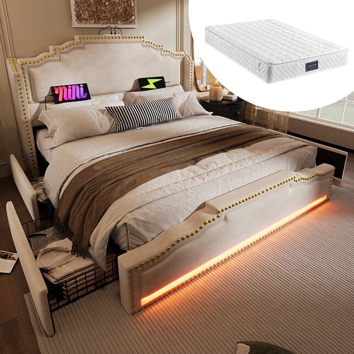 KOMHTOM BLACKCOLORS Gestoffeerd bed 160×200, tweepersoonsbed met 4 lades, ledverlichting en USB-C-oplaadpoort, bed met opbergruimte en tienerbed met lattenbodem, fluweel, beige, met matras