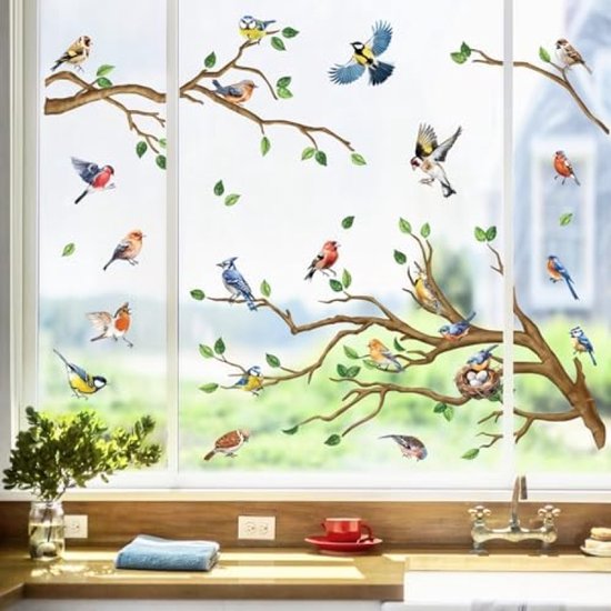 Raamsticker Set Lente Zomer Decoratie - 8 Vellen Met Vogels, Boomtak en Kolibrie Motief - Dubbelzijdige Zelfklevende Vinyl Stickers voor Ramen, Glas en Deuren - Veilig en Verwijderbaar