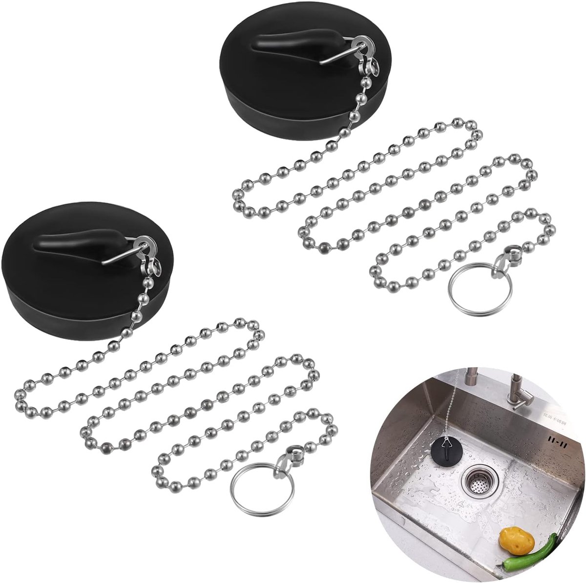 Gootsteenstop - Badstop - Diameter 43mm - met ketting (Chroom) 40cm - 2 stuks - universele - rubber - Afvoerstop - plugstop - Gootsteenstopper - Gootsteenplug - Keukengootsteen Badkamergootsteen stopper