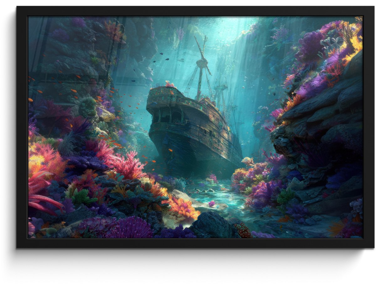 FrameYourWall Poster in lijst - Fotolijst 60x40 cm - Posters - Schip - Hout - Koraalriffen - Zonlicht - Posterlijst zwart - Decoratie - Wanddecoratie woonkamer - Muurdecoratie slaapkamer