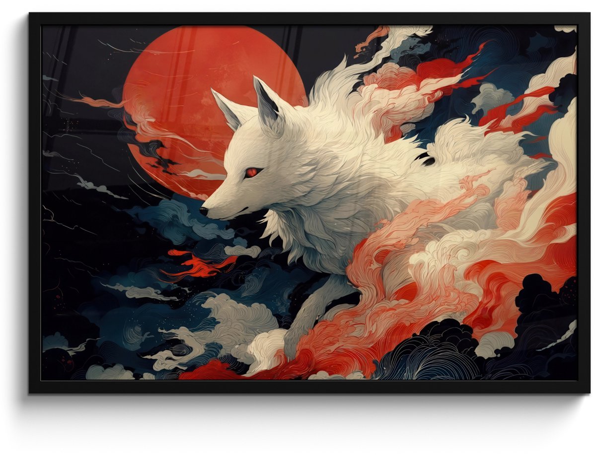 FrameYourWall Poster in lijst - Fotolijst 90x60 cm - Posters - Witte vos - wolken - maan - Posterlijst zwart - Decoratie - Wanddecoratie woonkamer - Muurdecoratie slaapkamer
