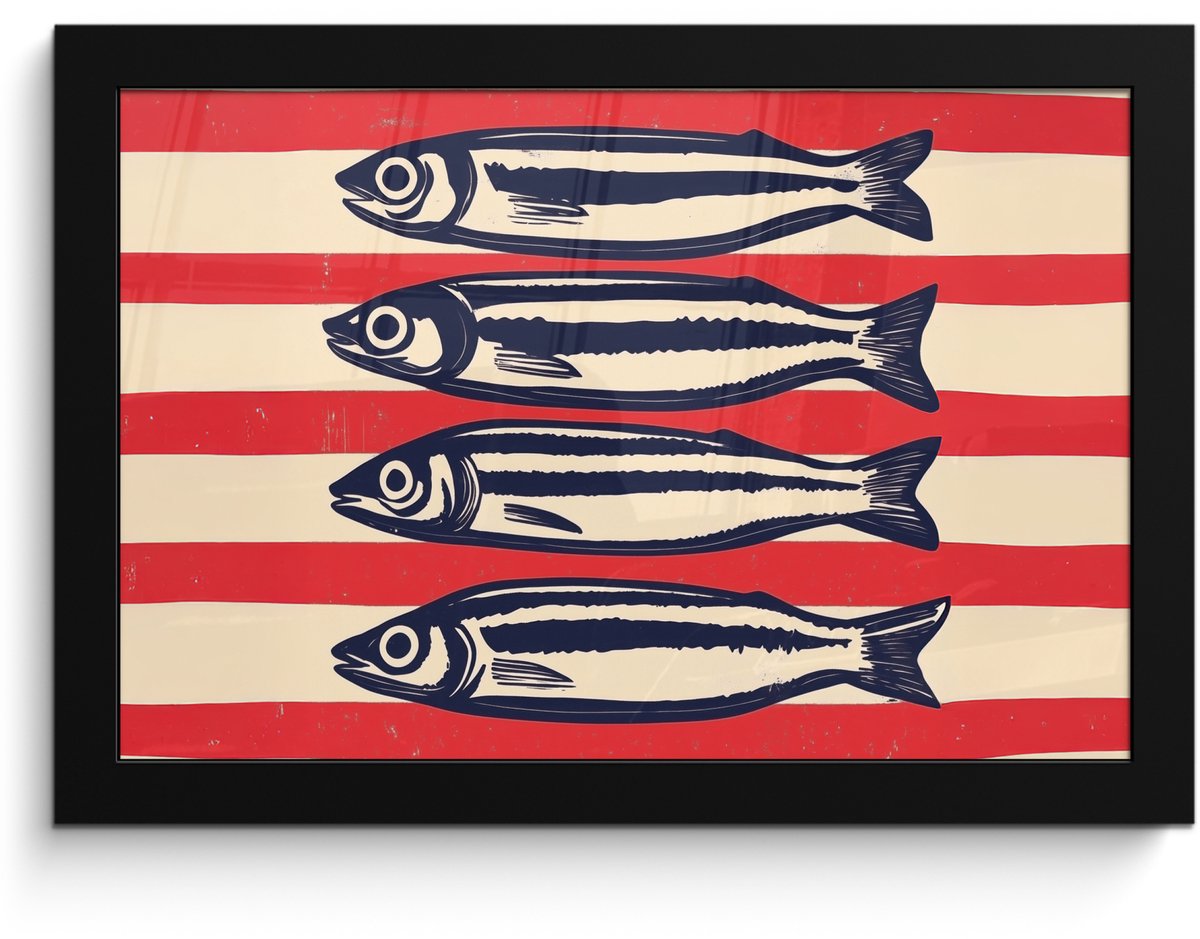 FrameYourWall Poster in lijst - Fotolijst 30x20 cm - Posters - Sardines - Rood en beige strepen - Posterlijst zwart - Decoratie - Wanddecoratie woonkamer - Muurdecoratie slaapkamer Sardines - Strepen