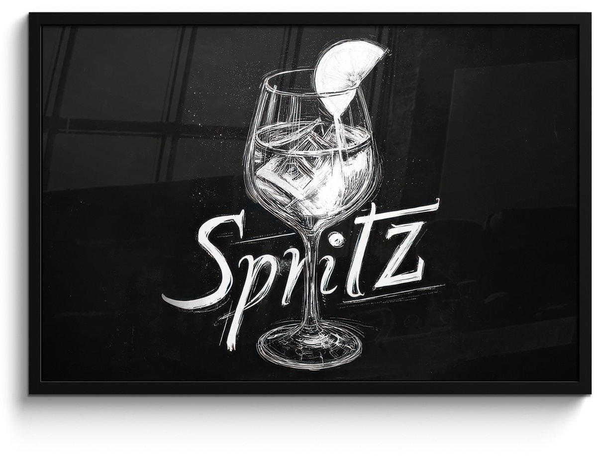 FrameYourWall Poster in lijst - Fotolijst 90x60 cm - Posters - Glas spritz - Krijtletters - Ijsblokjes - Citroen - Posterlijst zwart - Decoratie - Wanddecoratie woonkamer - Muurdecoratie slaapkamer Glas - Spritz