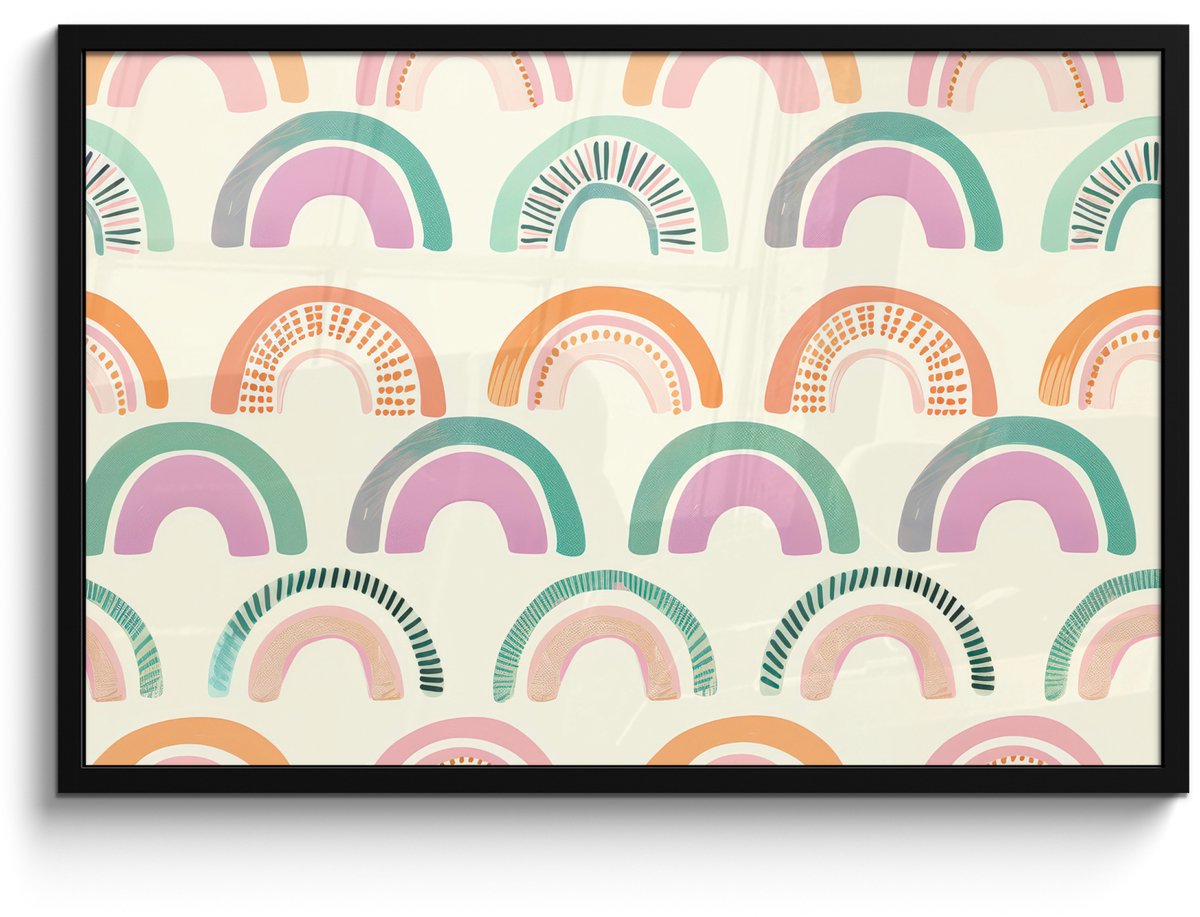 FrameYourWall Poster in lijst - Fotolijst 90x60 cm - Posters - Regenboog - Pastel - Patroon - Posterlijst zwart - Decoratie - Wanddecoratie woonkamer - Muurdecoratie slaapkamer Regenbogen - Stippen - Strepen