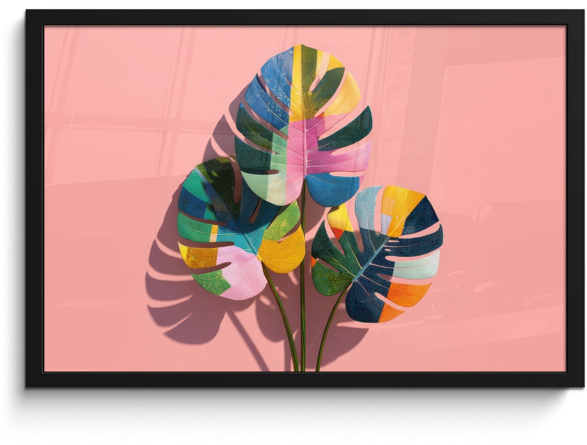 FrameYourWall Poster in lijst - Fotolijst 60x40 cm - Posters - Bladeren - Geschilderd - Vlakken - Kleurrijk - Posterlijst zwart - Decoratie - Wanddecoratie woonkamer - Muurdecoratie slaapkamer