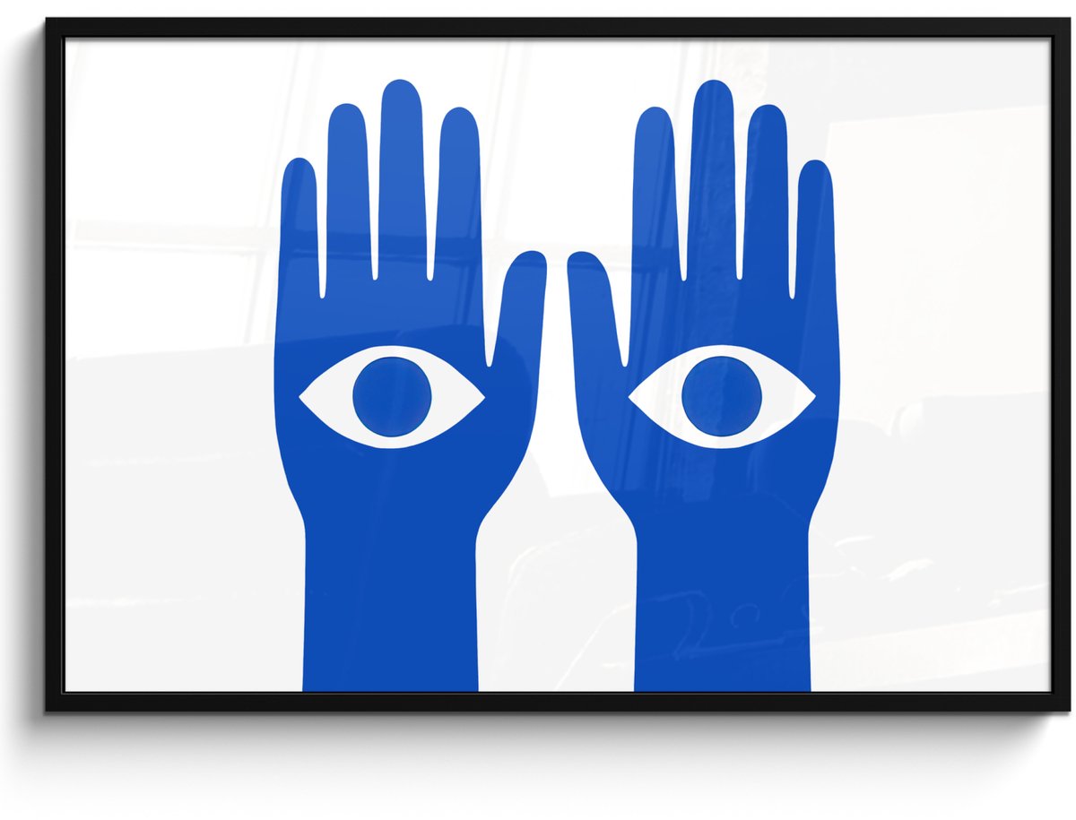 FrameYourWall Poster in lijst - Fotolijst 120x80 cm - Posters - Handen - Twee - Ogen - Blauw - Posterlijst zwart - Decoratie - Wanddecoratie woonkamer - Muurdecoratie slaapkamer Handen - Ogen