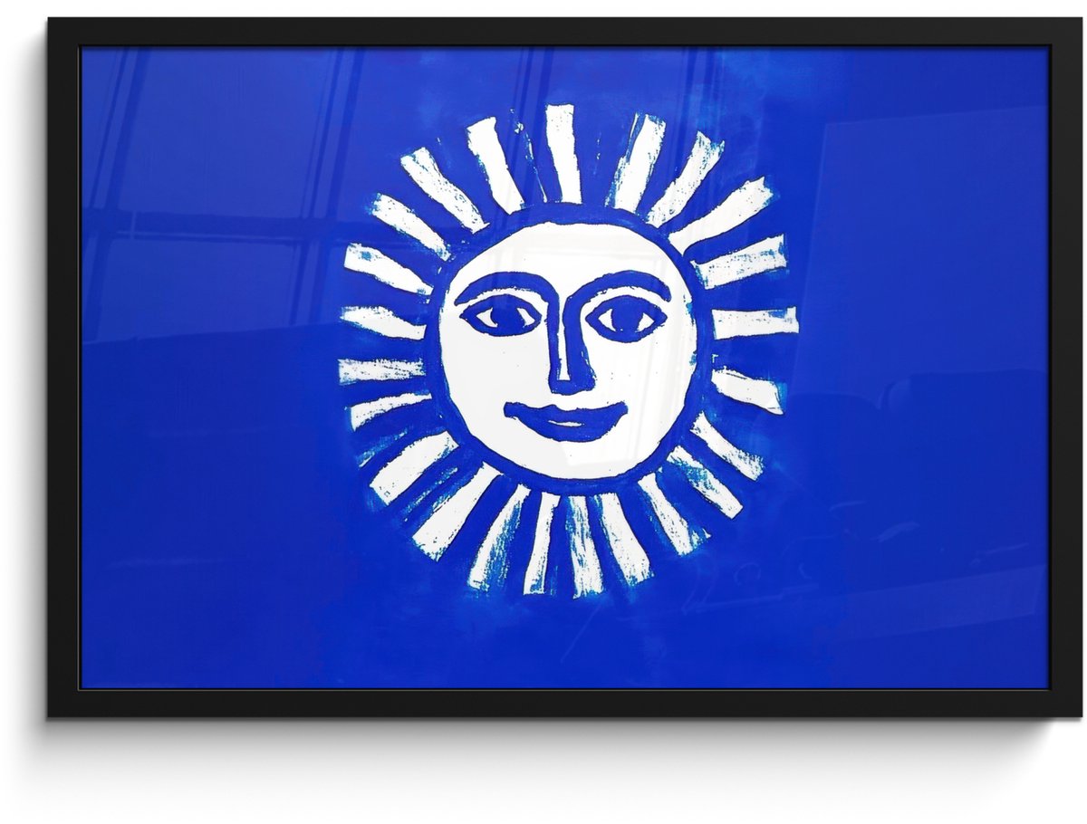 FrameYourWall Poster in lijst - Fotolijst 60x40 cm - Posters - Zon - Gezicht - Penseelstructuur - Blauw - Posterlijst zwart - Decoratie - Wanddecoratie woonkamer - Muurdecoratie slaapkamer