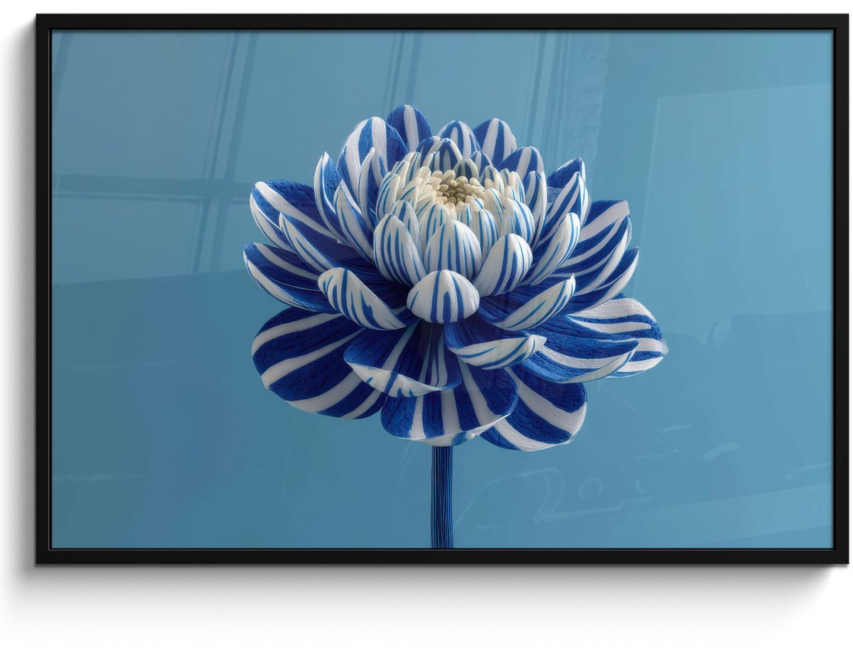 FrameYourWall Poster in lijst - Fotolijst 120x80 cm - Posters - Bloem - Blauw - Bloemblaadjes - Streepjes - Posterlijst zwart - Decoratie - Wanddecoratie woonkamer - Muurdecoratie slaapkamer