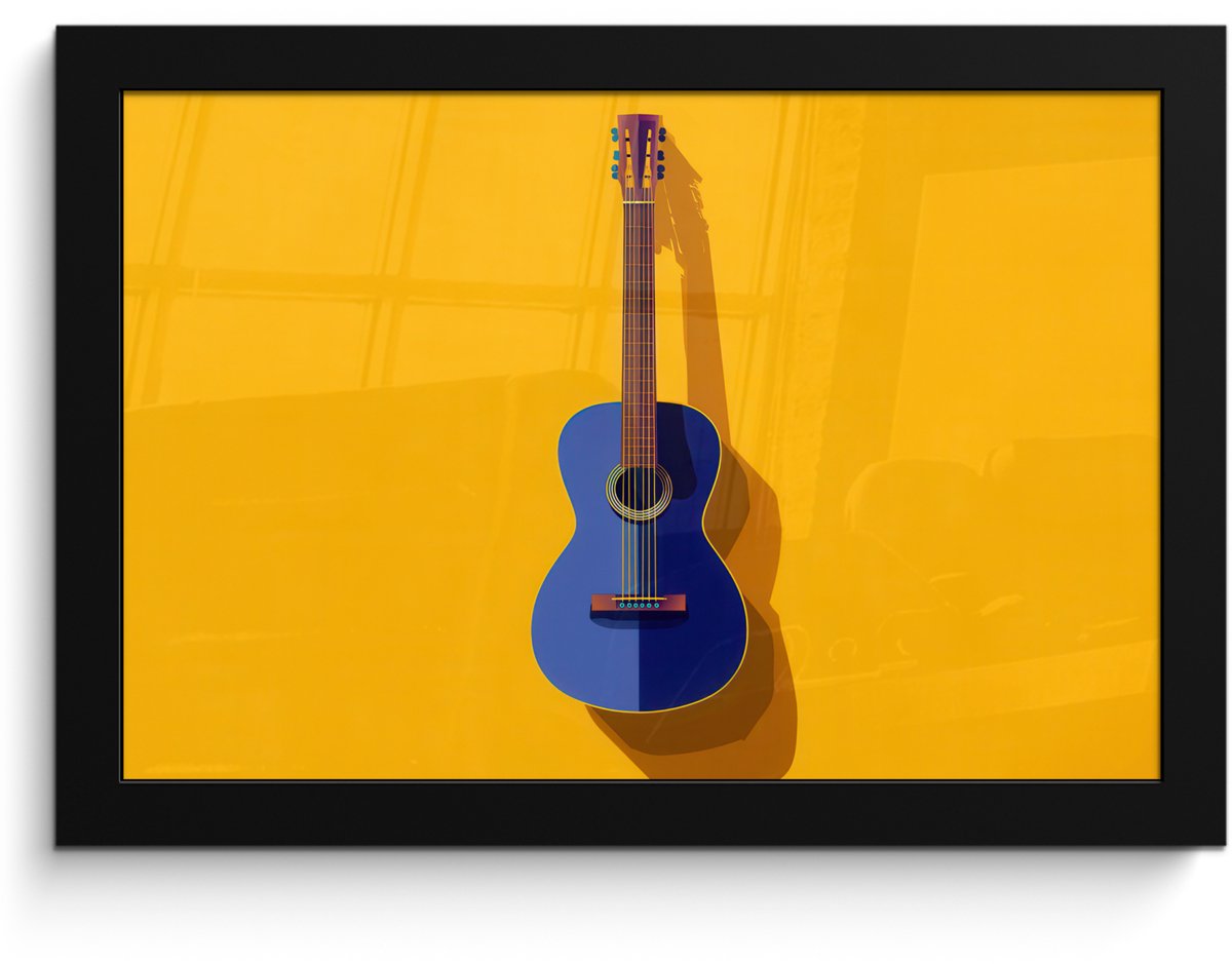 FrameYourWall Poster in lijst - Fotolijst 30x20 cm - Posters - Gitaar - Akoestisch - Minimalistisch - Geel - Posterlijst zwart - Decoratie - Wanddecoratie woonkamer - Muurdecoratie slaapkamer - Kerstversiering - Kerstdecoratie voor binnen - Kerstmis