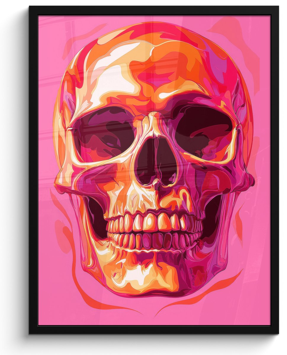 FrameYourWall Poster in lijst - Fotolijst 60x80 cm - Posters - Felroze - Tanden - Schedel - Posterlijst zwart - Decoratie - Wanddecoratie woonkamer - Muurdecoratie slaapkamer Schedel - Tanden