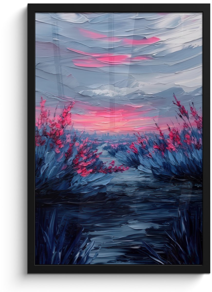 FrameYourWall Poster in lijst - Fotolijst 40x60 cm - Posters - Schilderij - Zonsondergang - Bloemen - Rivier - Posterlijst zwart - Decoratie - Wanddecoratie woonkamer - Muurdecoratie slaapkamer