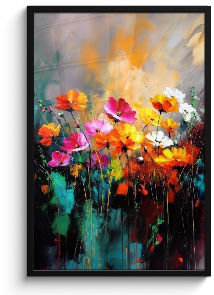 FrameYourWall Poster in lijst - Fotolijst 60x90 cm - Posters - Felgekleurd - Bloemblaadjes - Abstract - Posterlijst zwart - Decoratie - Wanddecoratie woonkamer - Muurdecoratie slaapkamer