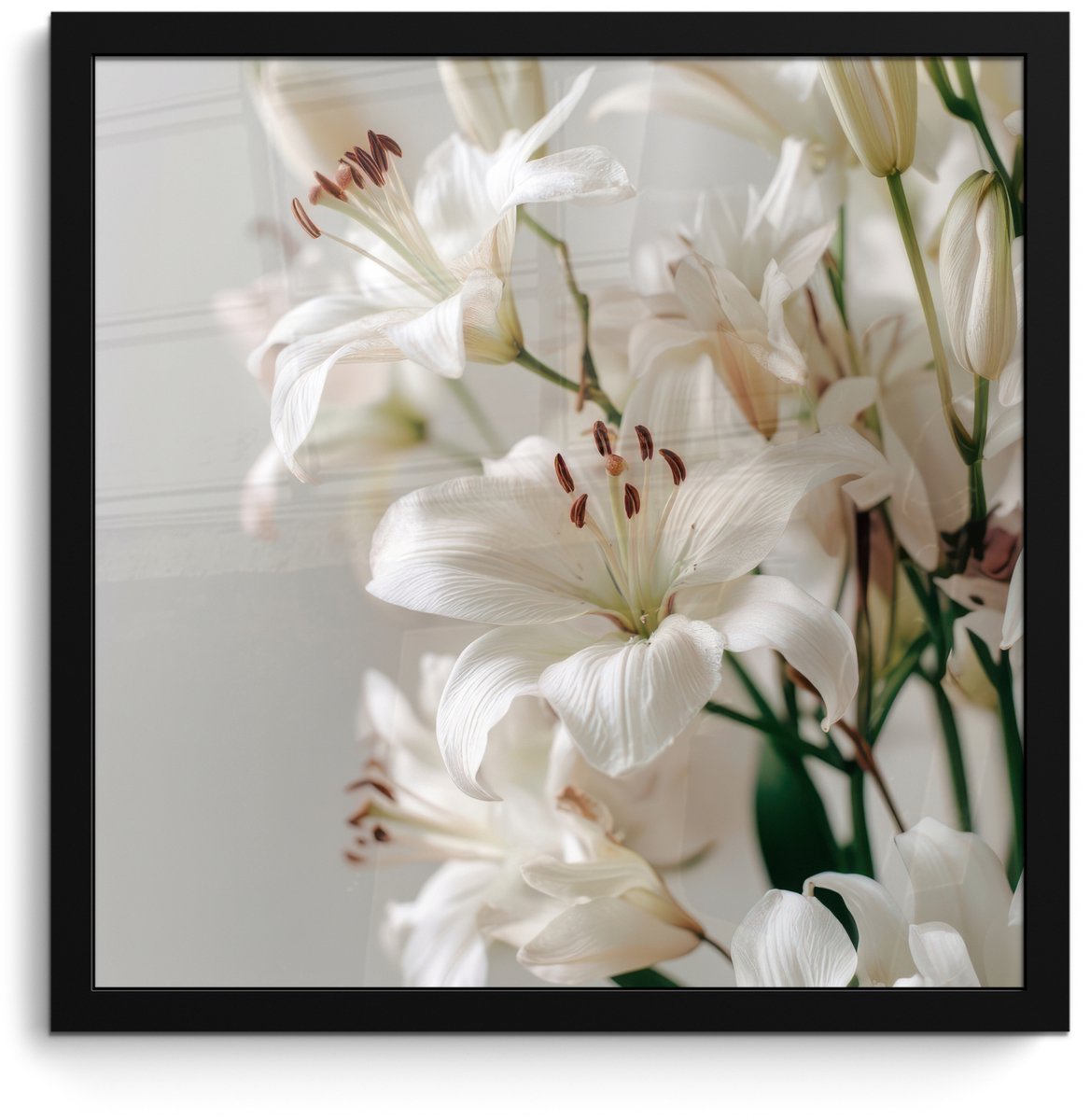 FrameYourWall Poster in lijst - Fotolijst 40x40 cm - Posters - Lelies - Boekte - Wit - Meeldraden - Posterlijst zwart - Decoratie - Wanddecoratie woonkamer - Muurdecoratie slaapkamer Lelies - Meeldraden