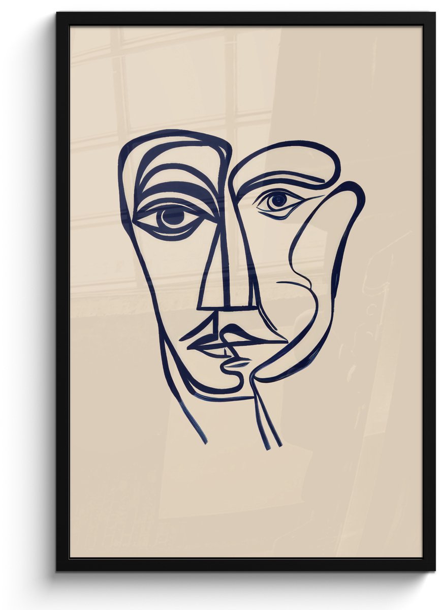 FrameYourWall Poster in lijst - Fotolijst 60x90 cm - Posters - Minimalistisch - Lijnillustratie - Beige - Donkerblauw - Posterlijst zwart - Decoratie - Wanddecoratie woonkamer - Muurdecoratie slaapkamer Lijnillustratie - Gezicht