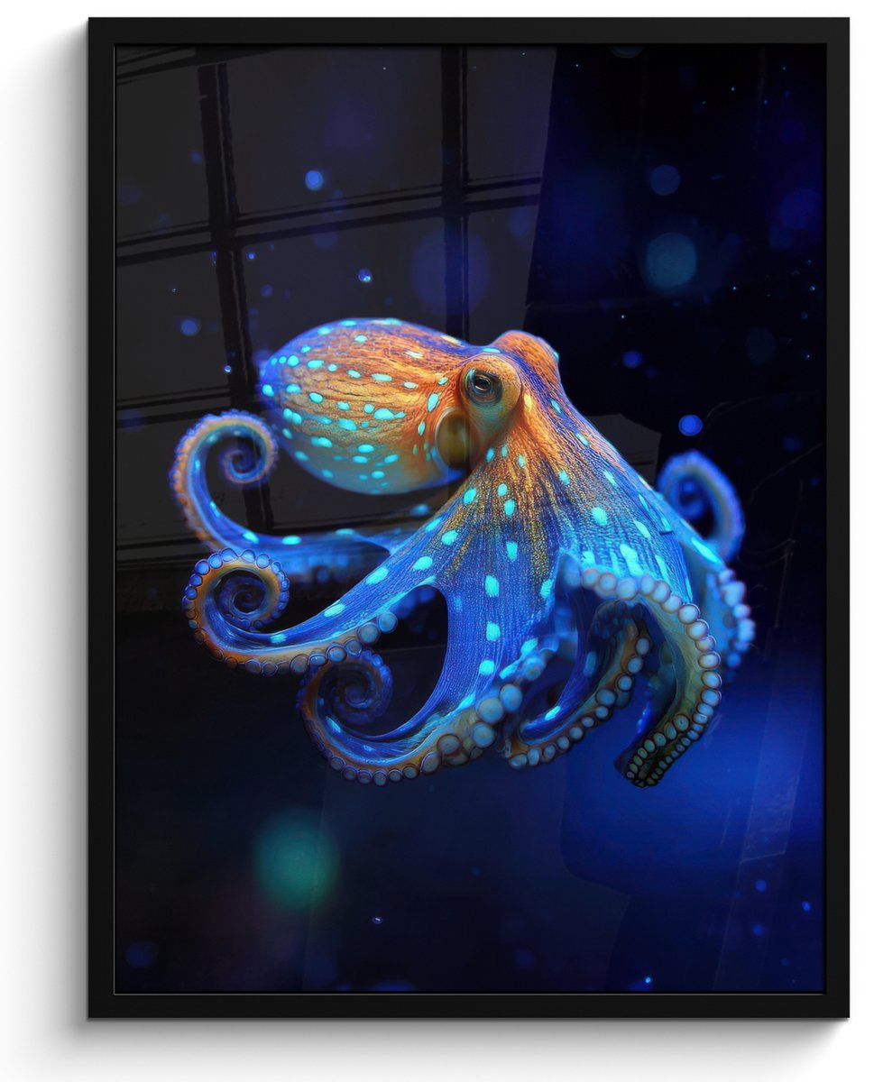 FrameYourWall Poster in lijst - Fotolijst 60x80 cm - Posters - Octopus - Stippen - Blauw - Zee - Posterlijst zwart - Decoratie - Wanddecoratie woonkamer - Muurdecoratie slaapkamer