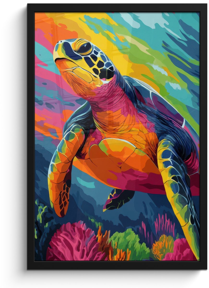 FrameYourWall Poster in lijst - Fotolijst 40x60 cm - Posters - Koraal - Schildpad - Abstract - Water - Posterlijst zwart - Decoratie - Wanddecoratie woonkamer - Muurdecoratie slaapkamer Schildpad - Kleurrijk