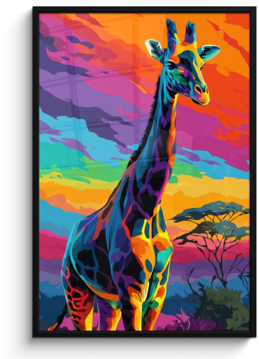 FrameYourWall Poster in lijst - Fotolijst 80x120 cm - Posters - Giraffe - Savanna - Lucht - Gekleurd - Posterlijst zwart - Decoratie - Wanddecoratie woonkamer - Muurdecoratie slaapkamer Giraffe - Kleurrijk