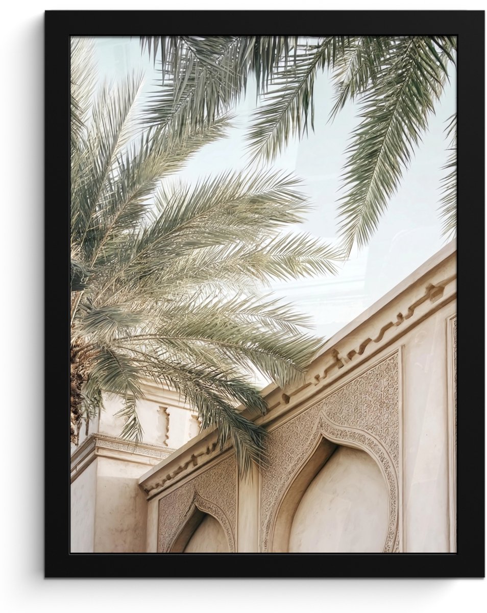 FrameYourWall Poster in lijst - Fotolijst 30x40 cm - Posters - Gebouw - Palmbomen - Beige - Zon - Posterlijst zwart - Decoratie - Wanddecoratie woonkamer - Muurdecoratie slaapkamer