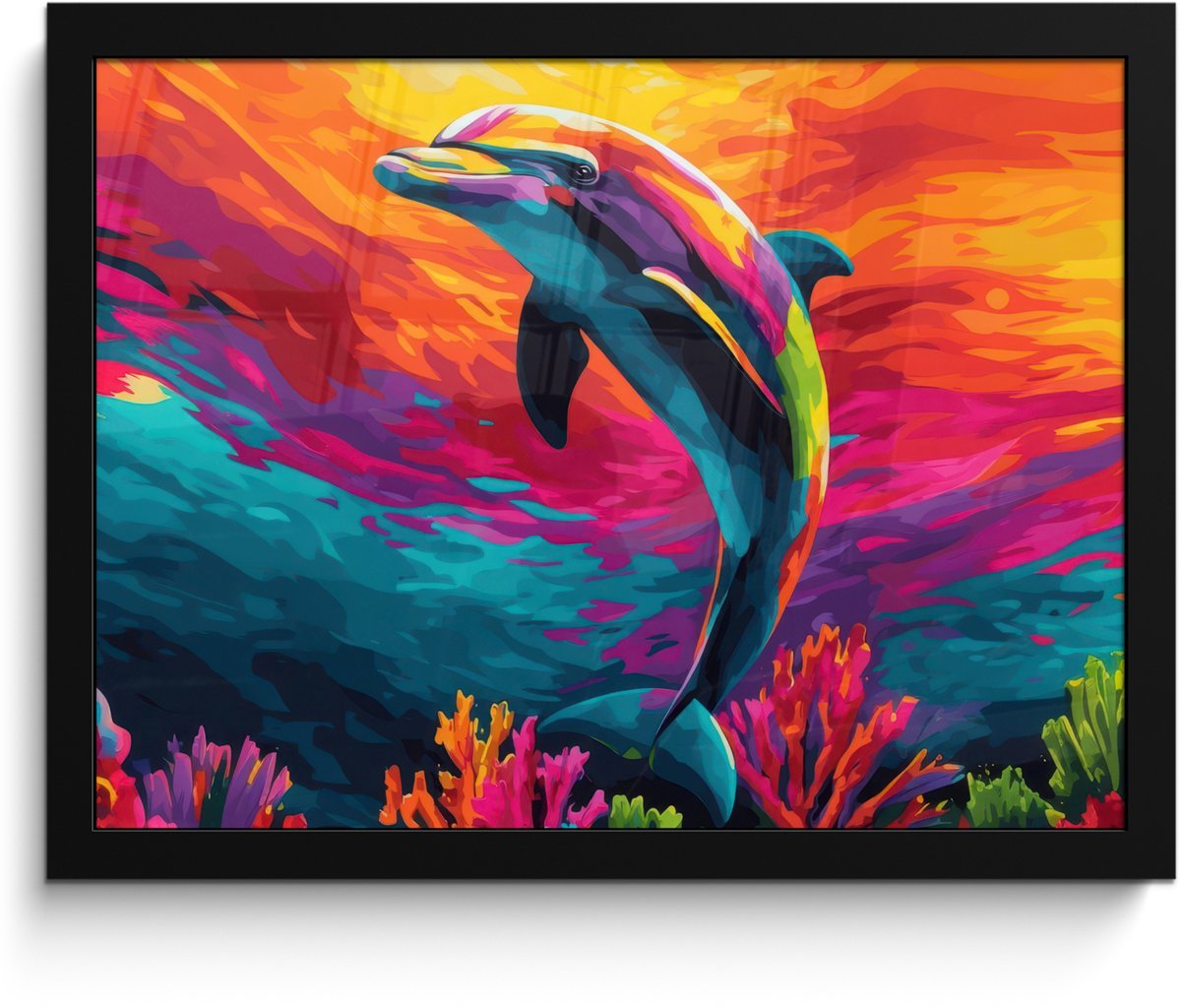FrameYourWall Poster in lijst - Fotolijst 40x30 cm - Posters - Dolfijn - Kleurrijk - Oceaan - Koraal - Posterlijst zwart - Decoratie - Wanddecoratie woonkamer - Muurdecoratie slaapkamer