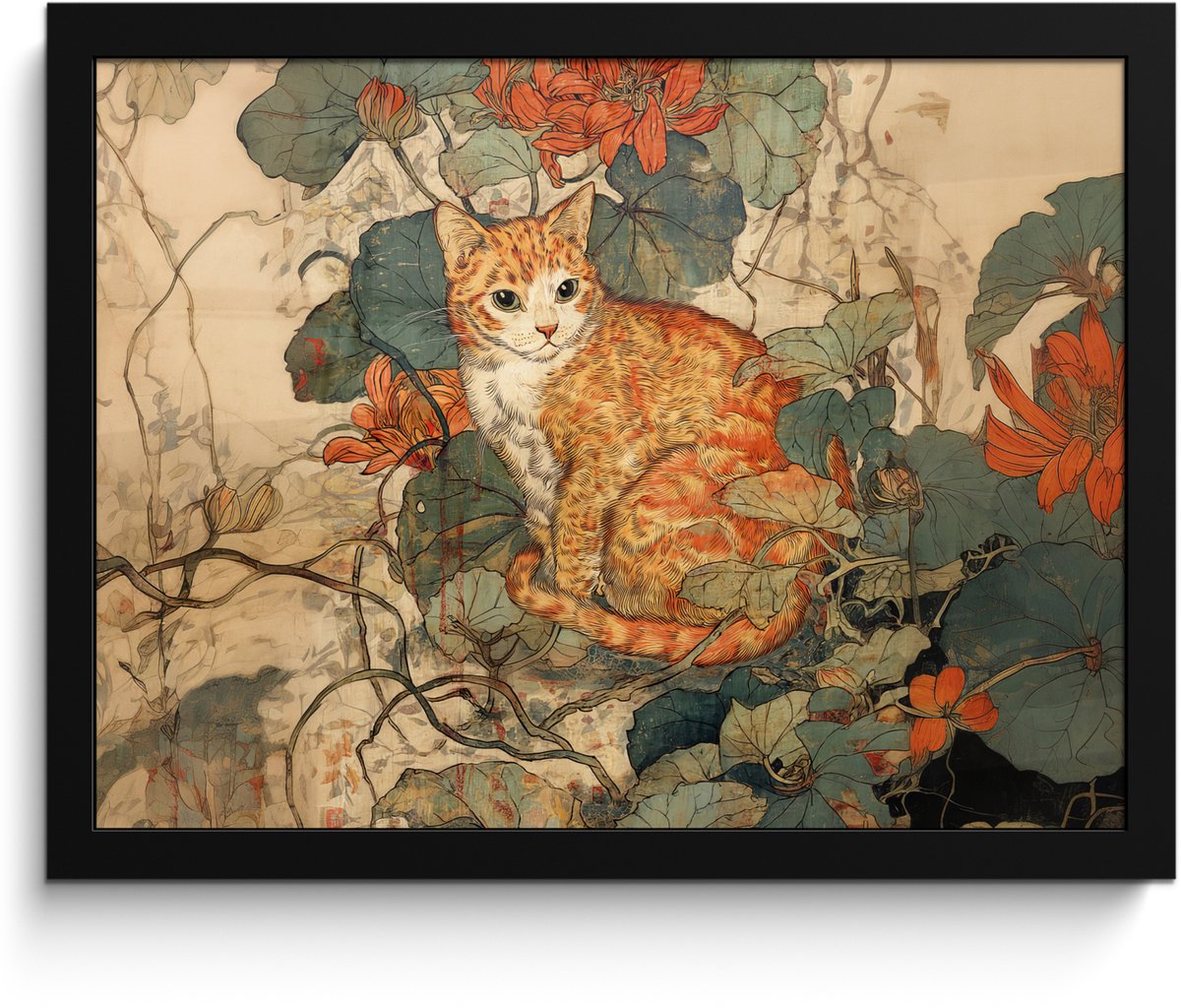 FrameYourWall Poster in lijst - Fotolijst 40x30 cm - Posters - Kat - Sierlijk - Bloemen - Posterlijst zwart - Decoratie - Wanddecoratie woonkamer - Muurdecoratie slaapkamer Kat - Bloemen
