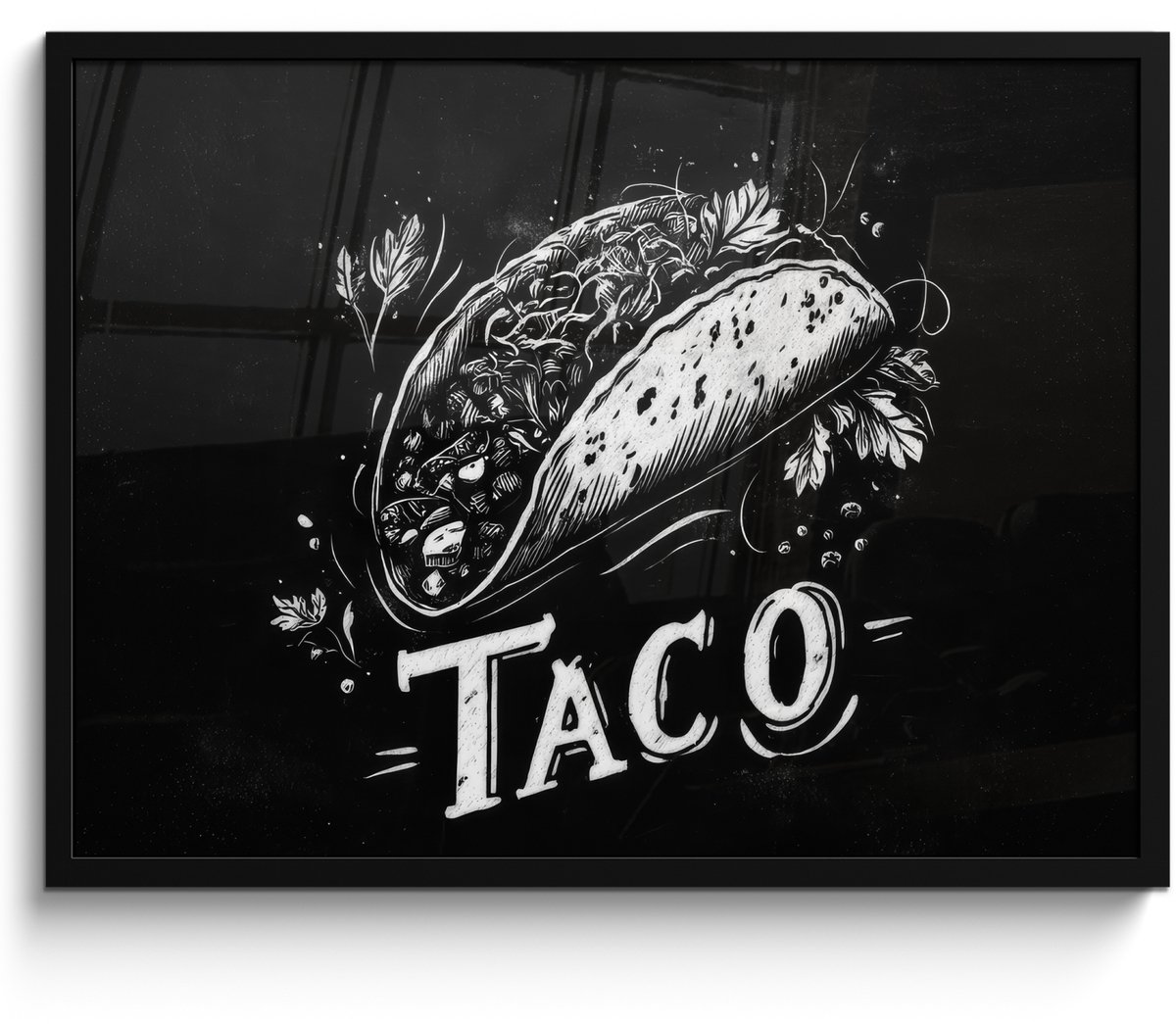 FrameYourWall Poster in lijst - Fotolijst 80x60 cm - Posters - Taco - Kruiden - Witte krijtstijl - Tekst - Posterlijst zwart - Decoratie - Wanddecoratie woonkamer - Muurdecoratie slaapkamer