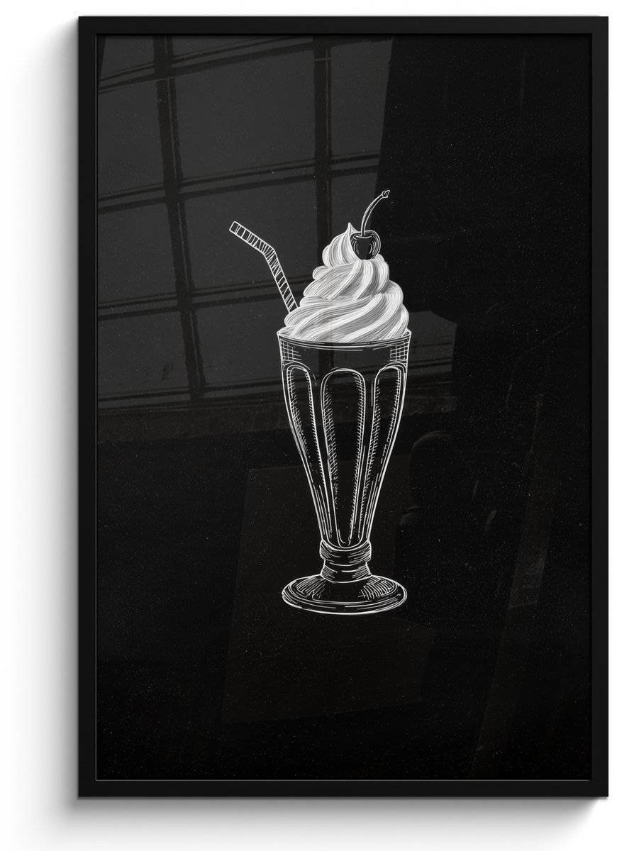 FrameYourWall Poster in lijst - Fotolijst 60x90 cm - Posters - Ijscoupe - Kers - Krijtstijl - Slagroom - Posterlijst zwart - Decoratie - Wanddecoratie woonkamer - Muurdecoratie slaapkamer Ijscoupe - Kers - Slagroom