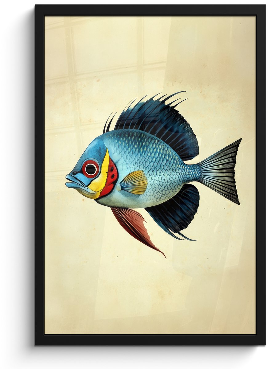 FrameYourWall Poster in lijst - Fotolijst 40x60 cm - Posters - Blauw - Kieuwen - Vis - Illustratie - Posterlijst zwart - Decoratie - Wanddecoratie woonkamer - Muurdecoratie slaapkamer
