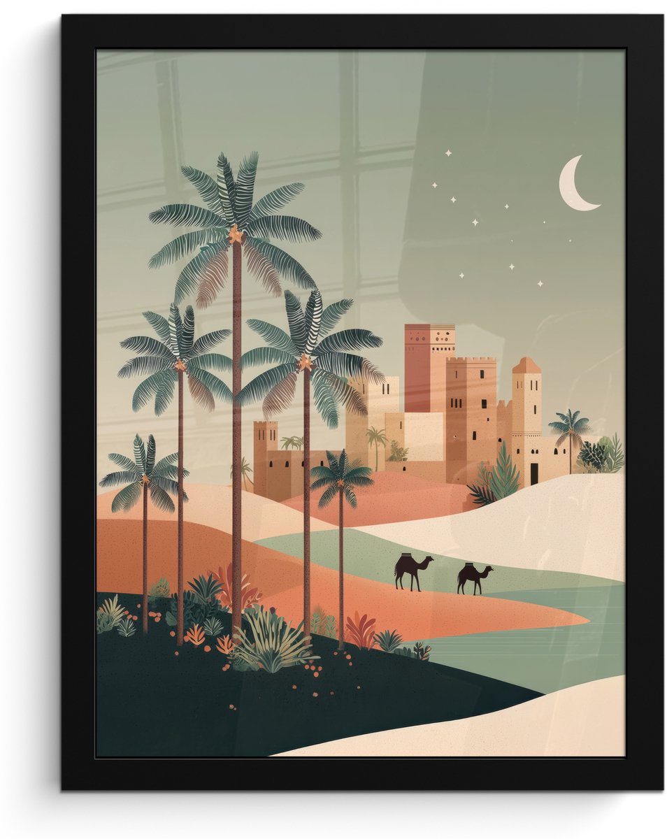 FrameYourWall Poster in lijst - Fotolijst 30x40 cm - Posters - Nachtlandschap - Kamelen - Sterren - zandduinden - Posterlijst zwart - Decoratie - Wanddecoratie woonkamer - Muurdecoratie slaapkamer