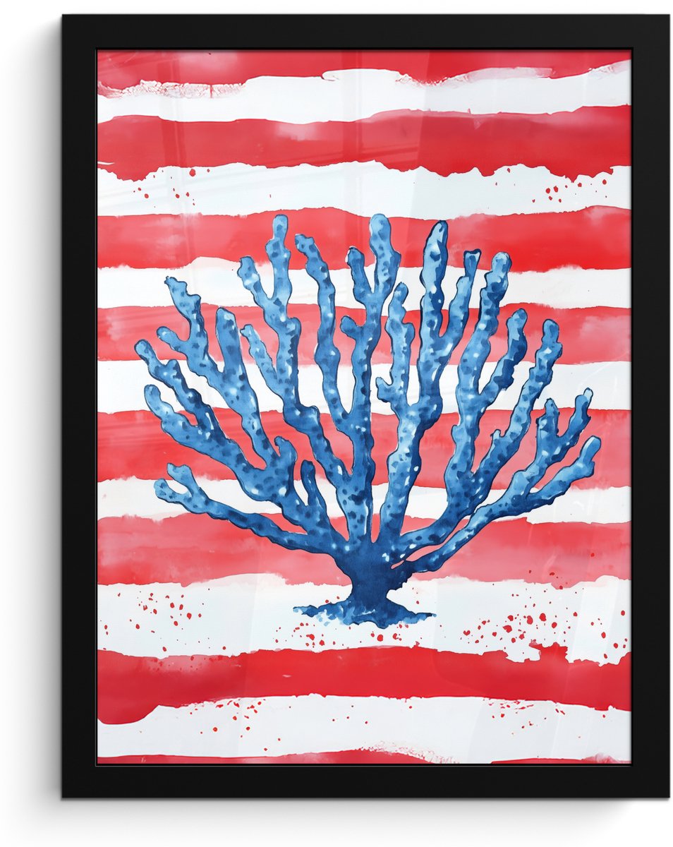 FrameYourWall Poster in lijst - Fotolijst 30x40 cm - Posters - Koraal - Verfstructuur - Rood - Blauw - Posterlijst zwart - Decoratie - Wanddecoratie woonkamer - Muurdecoratie slaapkamer Koraal - Strepen