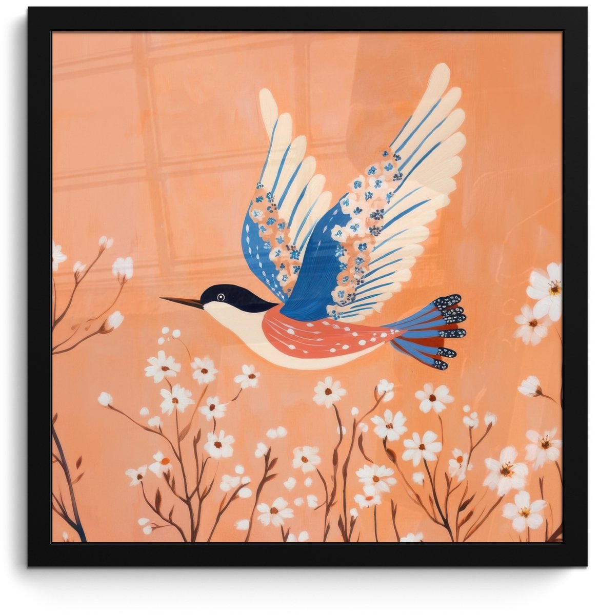 FrameYourWall Poster in lijst - Fotolijst 40x40 cm - Posters - Vogel - Bloesemtakken - Warm - Kleurrijk - Posterlijst zwart - Decoratie - Wanddecoratie woonkamer - Muurdecoratie slaapkamer