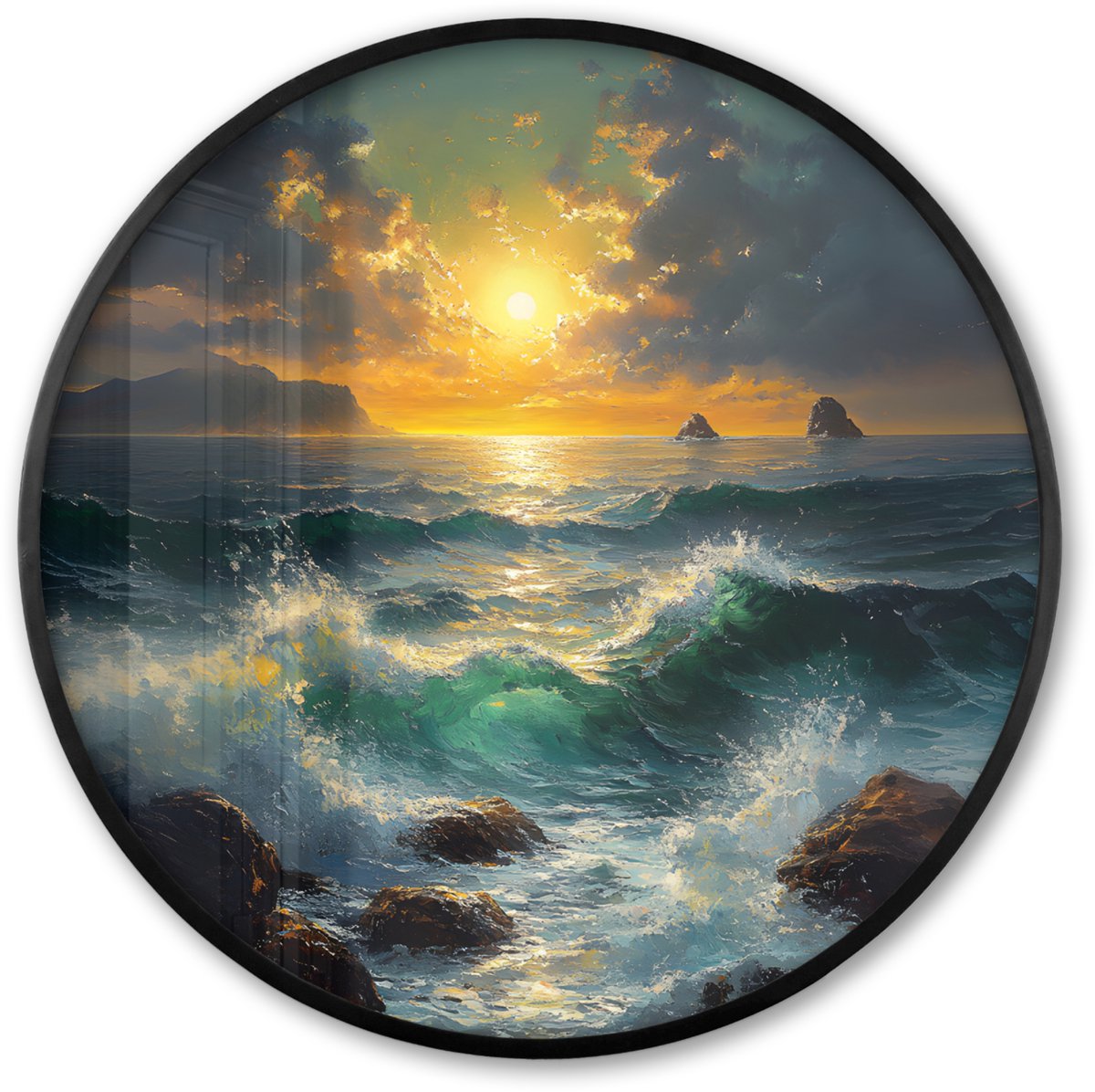 FrameYourWall Poster in lijst Rond - Fotolijst 80x80 cm - Posters - Zee - Zon - Golven - Rotsen - Ronde posterlijst zwart - Decoratie - Wanddecoratie woonkamer - Muurdecoratie slaapkamer