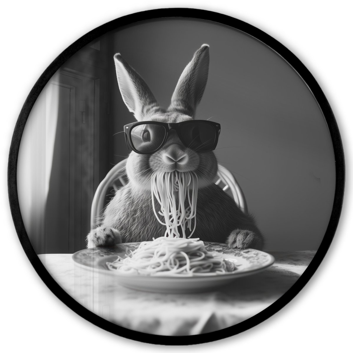 FrameYourWall Poster in lijst Rond - Fotolijst 40x40 cm - Posters - Konijn - Bunny - Zonnebril - Tafelkleed - Pasta - Schattig - Ronde posterlijst zwart - Decoratie - Wanddecoratie woonkamer - Muurdecoratie slaapkamer