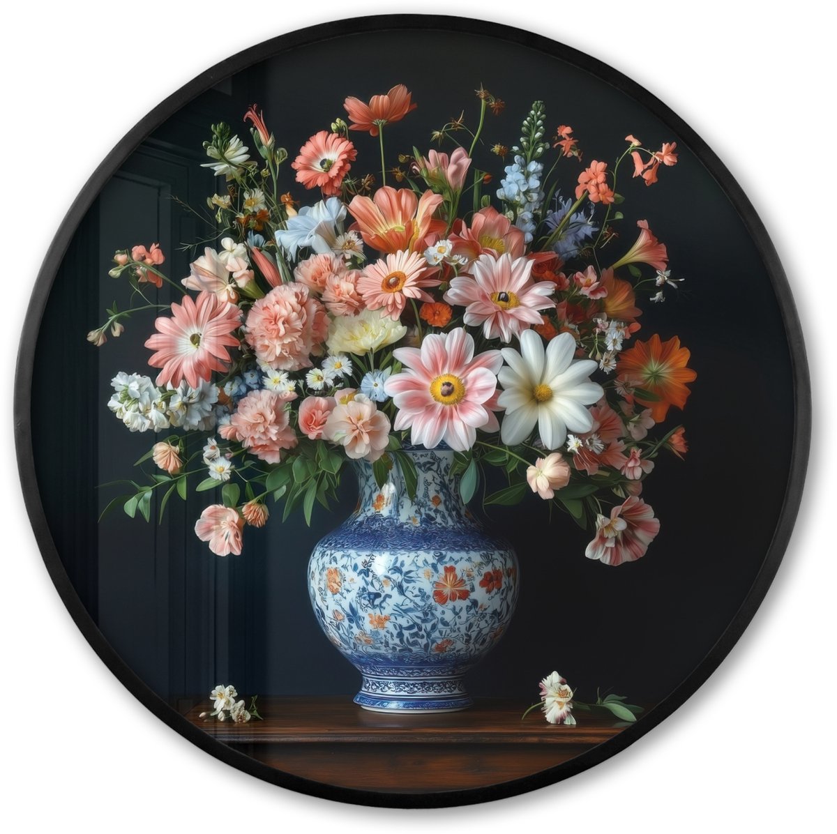FrameYourWall Poster in lijst Rond - Fotolijst 80x80 cm - Posters - Hout - Vaas - Kleuren - Bloemen - Ronde posterlijst zwart - Decoratie - Wanddecoratie woonkamer - Muurdecoratie slaapkamer Bloemen - Roze